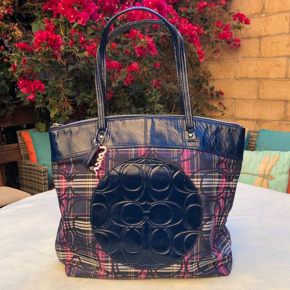 Coach Laura Signature Blue Plaid Multicolor Tartan Canvas Leather Tote Bag
